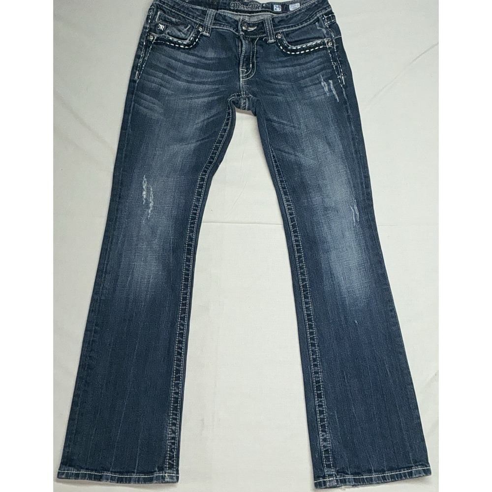 Y2K Miss Me Jeans Wom 29 Blue Dark Wash Bootcut Embellished Distressed JE5073-2L